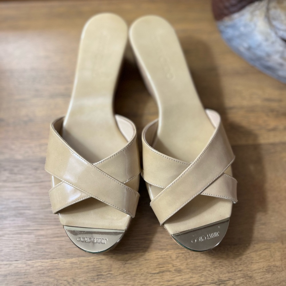 Jimmy Choo Beige Cross-Strap Leather Slide Sandals